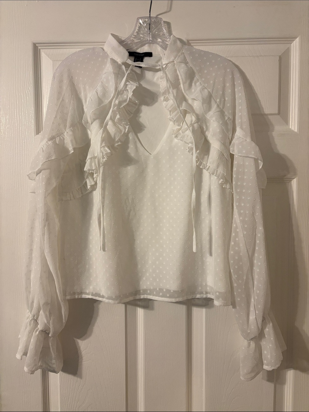 Forever 21 White Ruffle Tie-Neck Swiss Dot Blouse